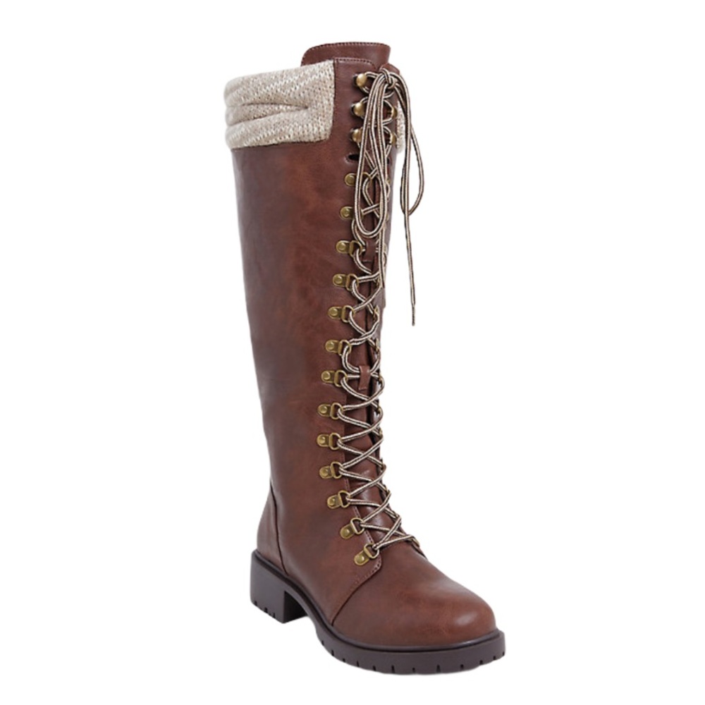 BROWN FAUX LEATHER SWEATER TRIM TALL COMBAT BOOT